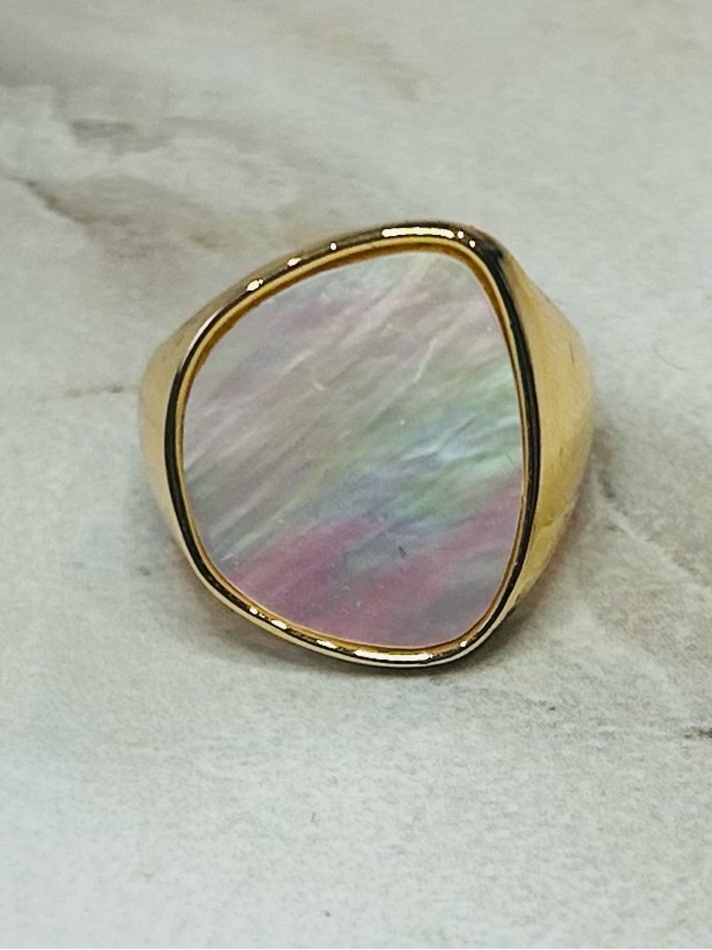 Savvy Cie Gold Toned Ring with Iridescent Pink and Cream Inlay Statement Ring